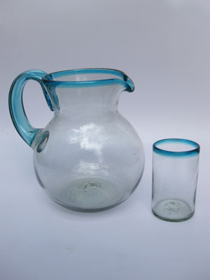 Juego de jarra y 6 vasos grandes con borde azul aqua